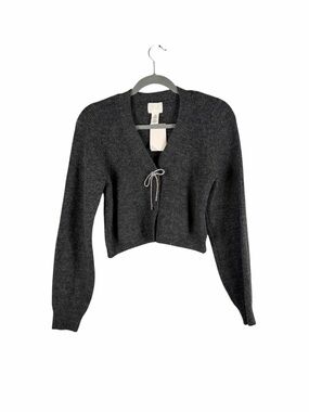 H&M Gray Ribbed Tie Front Cropped Cardigan Sweater XS NWT